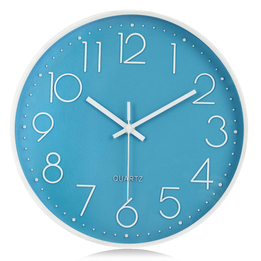 Lafocuse Blue Modern Wall Clock Silent 30cm, 3D Numbers No Ticking, Quartz Wall Clock Analog Easy to Read Decor for Living Room Nursery School Kitchen Office