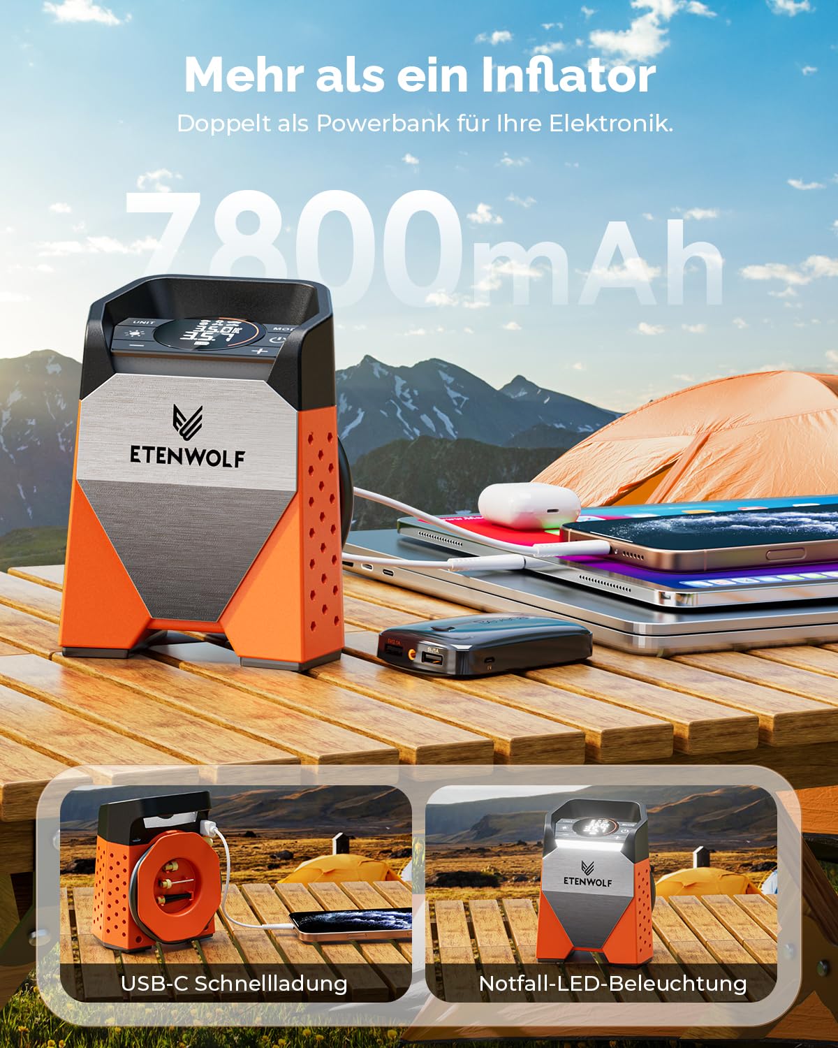 ETENWOLF ZEPHYR S3-7800mAh Electric Air Pump, 160 PSI/11.03Bar Portable Air Compressor for Car, Motorcycle, Bicycle, Balls. 1 Minute Quick Inflation, Digital LED Lights, USB Power Bank.