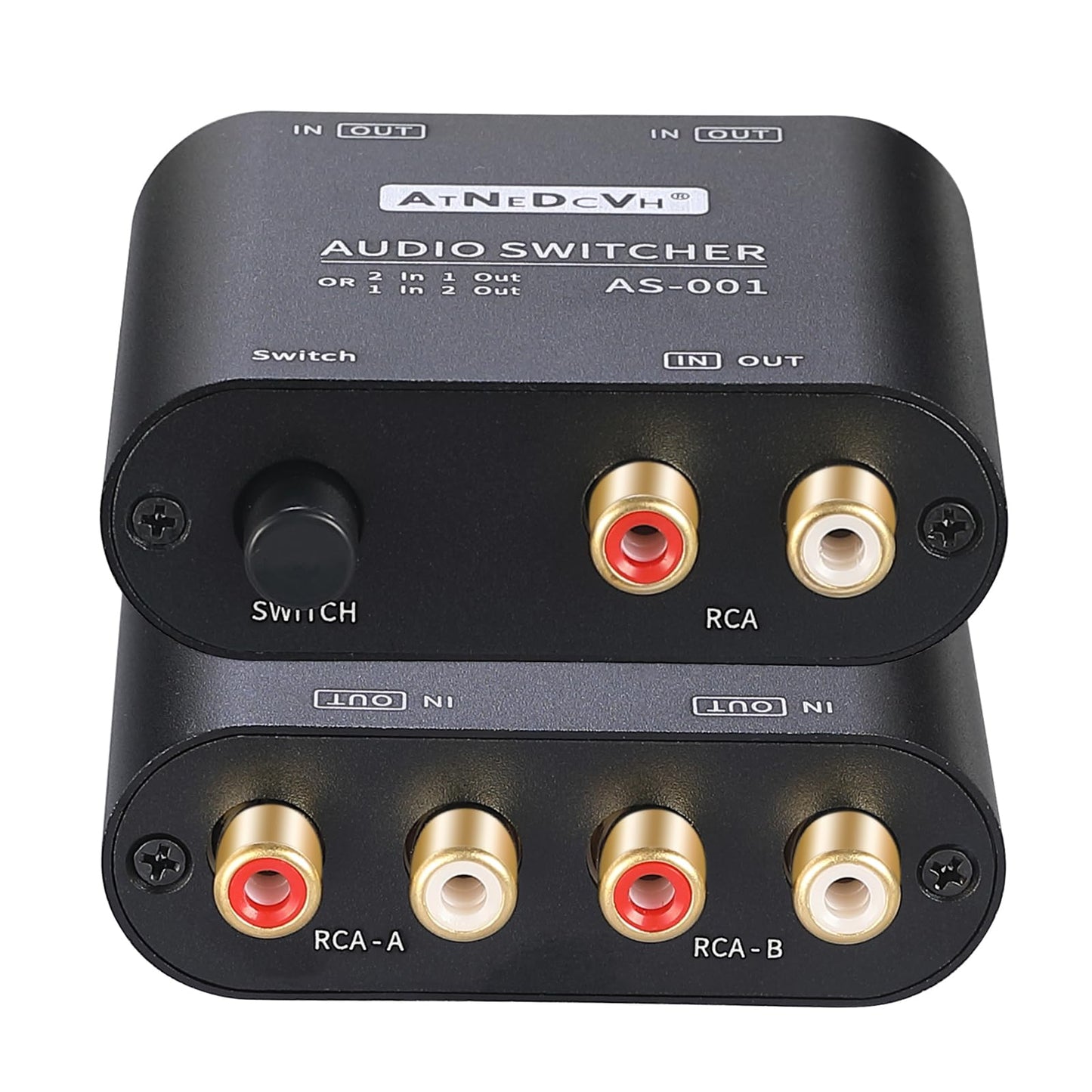 AtNeDcVh 2 Ports 1 Input 2 Output / 2 Input 1 Output bidirectional Audio Switch compatible with RCA 3.5mm connectors, 2-way Stereo K L/R Speaker Headphone Audio Selector Splitter Box