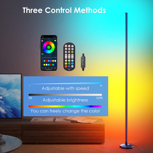 Bedee 165cm LED floor lamp for living room, RGB floor lamp with remote control and app, Modern floor lamp dimmable with 16 million colors, Music Sync, LED corner lamp for bedroom playroom.