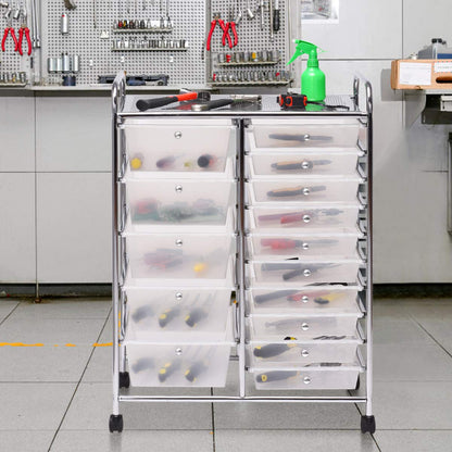 COSTWAY rolling cart with 15 stackable drawers, drawers cart with metal frame and shelf, bathroom trolley storage cart for office, living room, 62.5 x 37 x 87 cm.