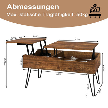 WOLTU coffee table, height-adjustable living room table, extending, retractable coffee table, separate hidden storage compartment, double lifting plate, vintage brown sofa table, wood composite, metal.