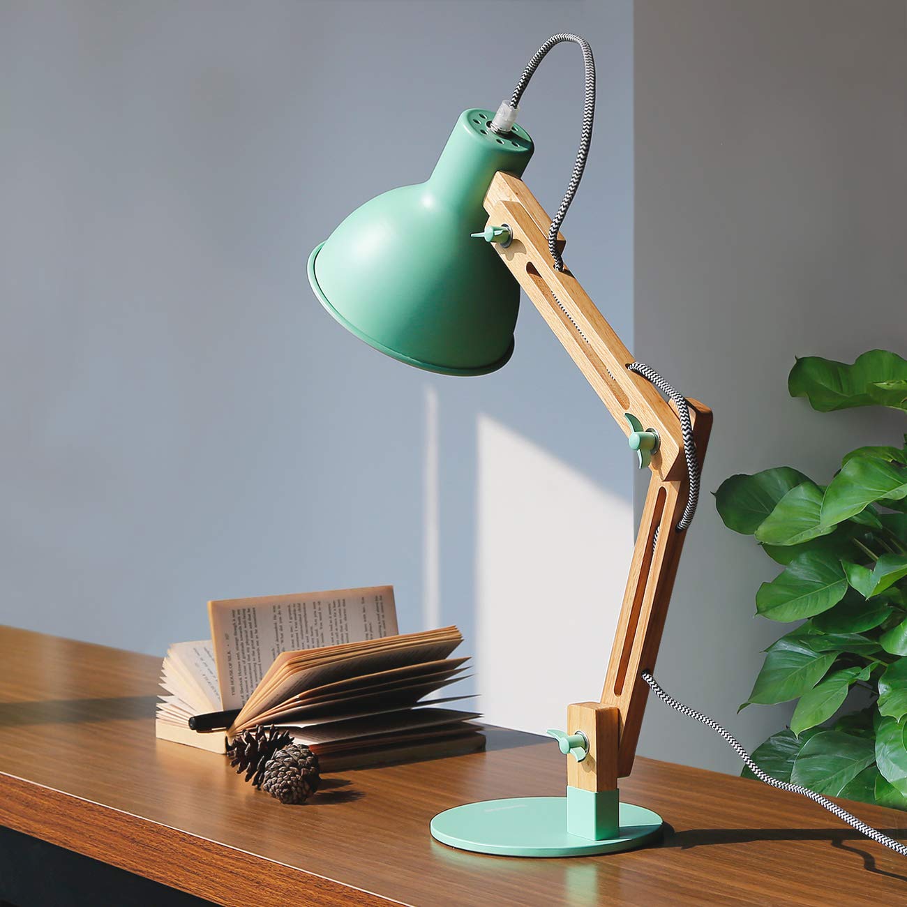 Tomons desk lamp, LED table lamp in classic wood design, bedside lamp, lamp with adjustable arm, table lamp for living room, office, white