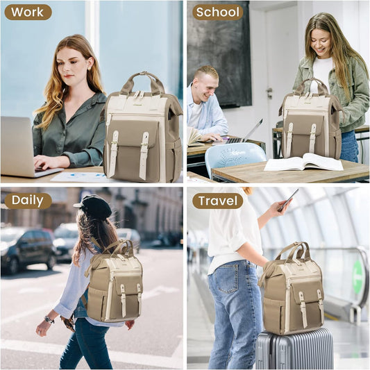 LOVEVOOK backpack for women, large laptop school backpack for girls teenagers 17 inches with data cable bag, waterproof travel backpack school bag backpack elegant for university work business travel beige
