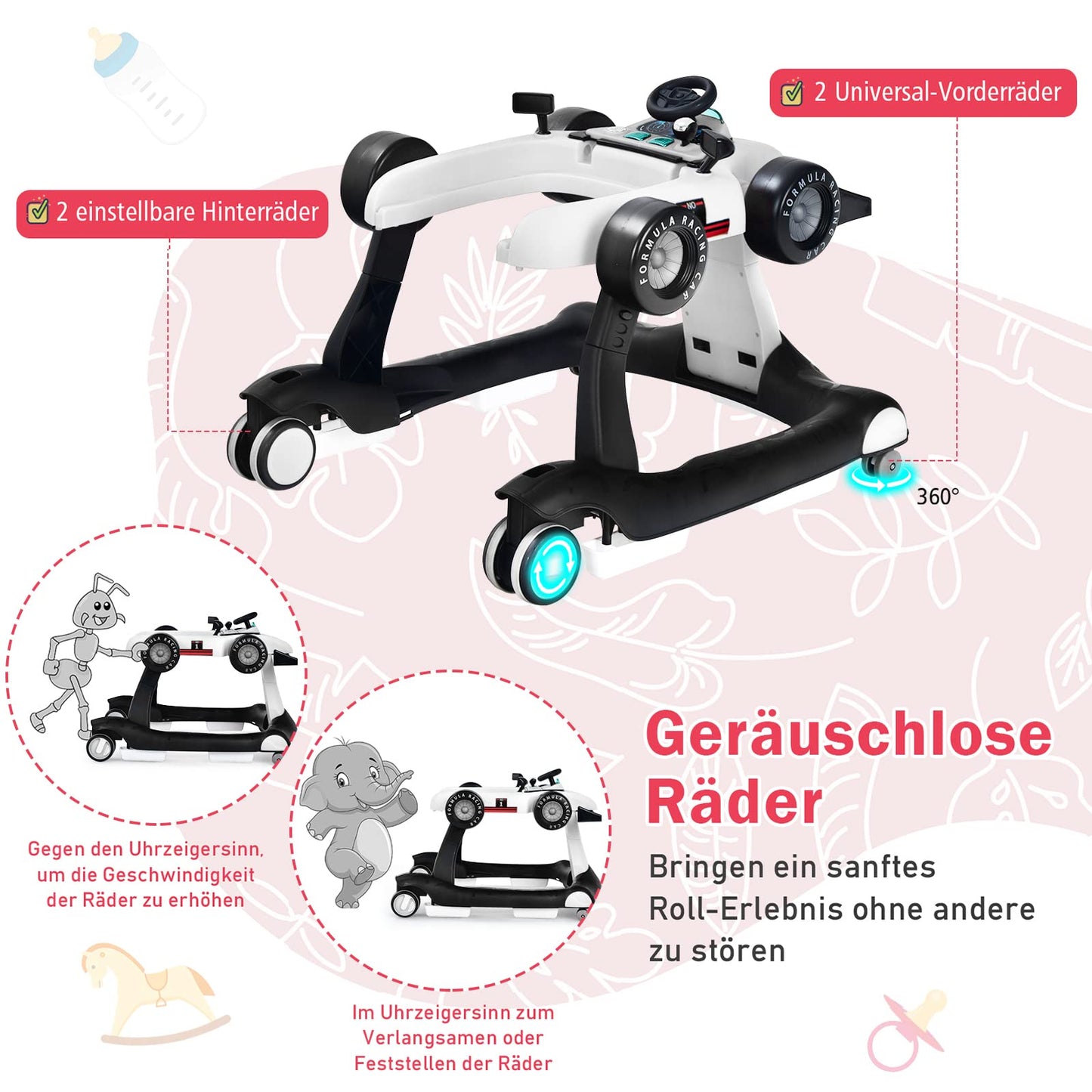 COSTWAY 4 in 1 Baby Walker, foldable with adjustable height & speed. Features music box, lights, and wheels. Suitable for babies from 6 months old, can hold up to 12kg. Color: White.