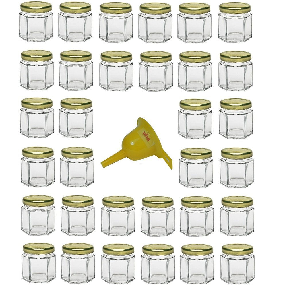 Viva Household Goods - 32 x Mini Mason Jar 47 ml with gold-colored lid, hexagonal glass jars usable as jam jars, spice jars, party favors, etc. (including funnel Ø 12.3 cm)