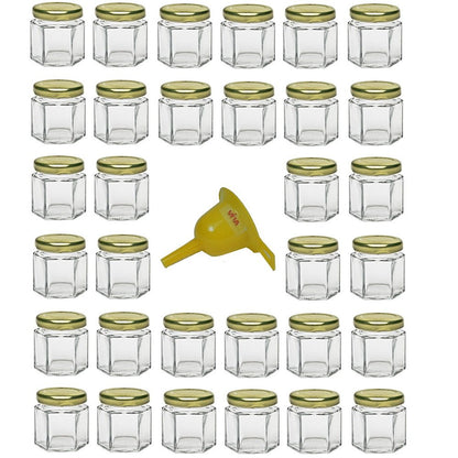 Viva Household Goods - 32 x Mini Mason Jar 47 ml with gold-colored lid, hexagonal glass jars usable as jam jars, spice jars, party favors, etc. (including funnel Ø 12.3 cm)