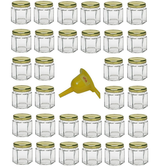 Viva Household Goods - 32 x Mini Mason Jar 47 ml with gold-colored lid, hexagonal glass jars usable as jam jars, spice jars, party favors, etc. (including funnel Ø 12.3 cm)