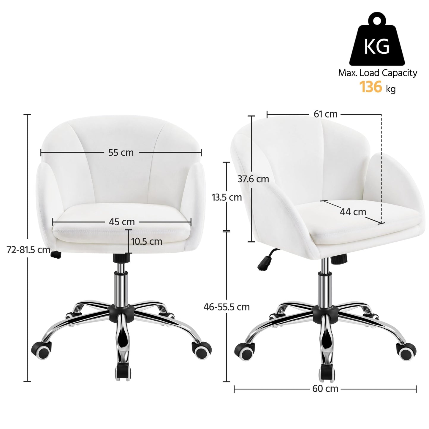 Yaheetech Home Office Chair Vanity Chair Desk Chair Height Adjustable Swivel Chair up to 136 kg Capacity, Velvet Chair with Armrests and Backrest for Bedroom Office Living Room, White