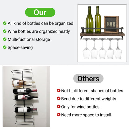 Mkono Wall Mounted Wine Racks 2 Pack Wood Rustic Wine Bottle Glass Floating Shelves with Stemware Holder Modern Wine Display Storage Holders for Kitchen Dining Room Bar