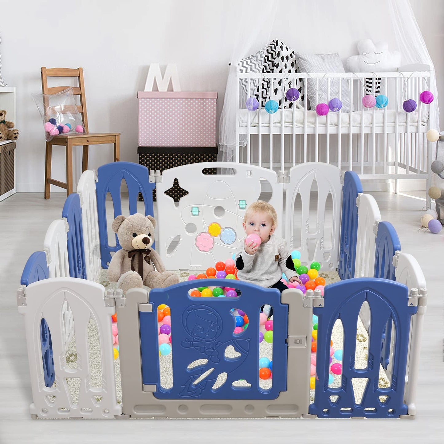 Foldable baby playpen, play yard with door and toy board, 12 panel blue+white baby gate, plastic playpen (12 pieces)