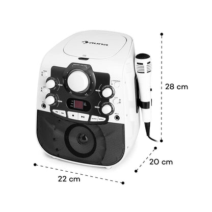 auna StarMaker 2.0 Karaoke System, karaoke machine with Bluetooth function, CD player, for CD, CD+G, CD-RW, includes microphone, 2 microphone inputs, LED show, A/V output, white.