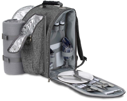 BRUBAKER picnic backpack for 2 people in grey, 28 × 40 × 22 cm - with cooler compartment, insulated bottle holder, and fleece blanket with waterproof bottom.