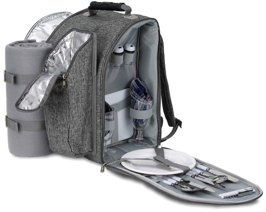 BRUBAKER picnic backpack for 2 people in grey, 28 × 40 × 22 cm - with cooler compartment, insulated bottle holder, and fleece blanket with waterproof bottom.