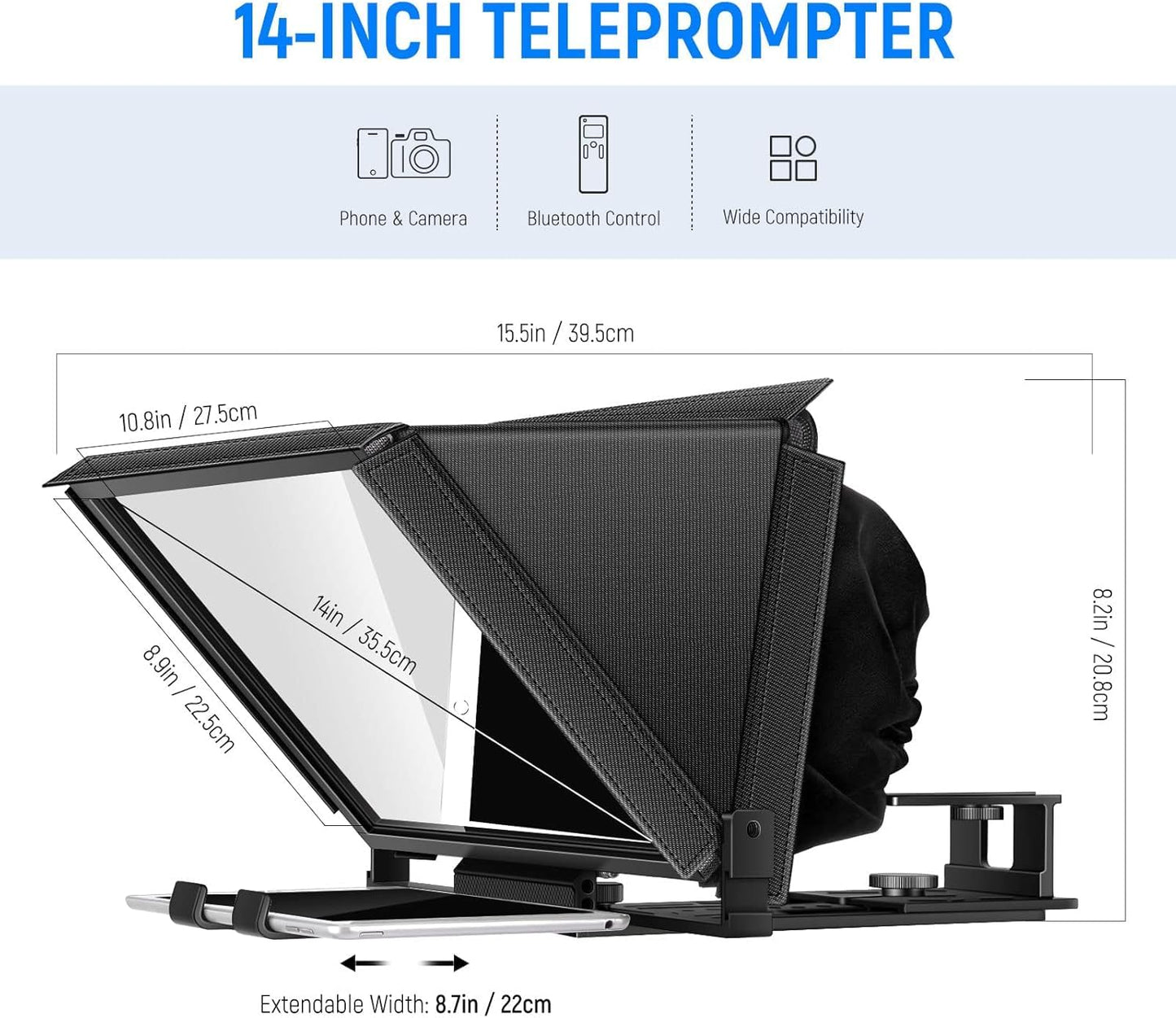 NEEWER X12 Teleprompter made of aluminum alloy with RT-110 remote control and app control, compatible with iPad, iOS/Android tablet, smartphone, DSLR camera, complete metal construction with carrying case.