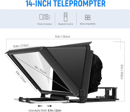 NEEWER X12 Teleprompter made of aluminum alloy with RT-110 remote control and app control, compatible with iPad, iOS/Android tablet, smartphone, DSLR camera, complete metal construction with carrying case.
