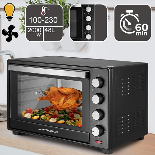 Jago® Mini Oven - with convection, rotisserie, interior light, Electric, 48L, 6 cooking modes, 2000W, Timer, 100-230 °, double glazing, Black - Mini Oven, Mini Electric Oven, Oven, Grill-Oven