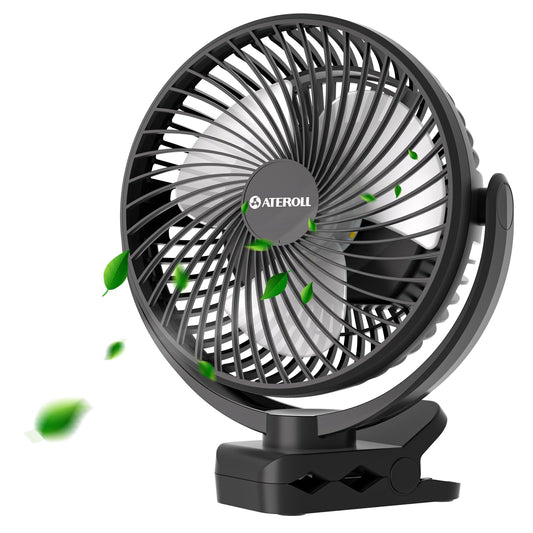Ateroll Clip-On Fan with Remote, 3 Speeds USB Fan Battery with Timer, 720° rotatable battery-operated desk fan for home.