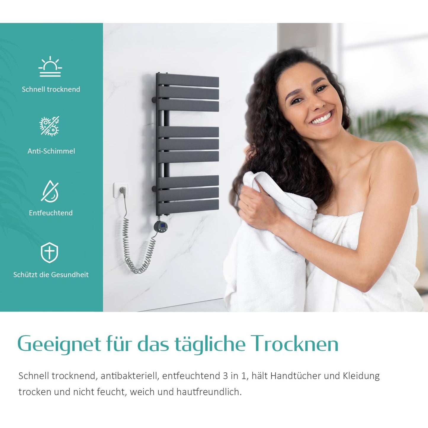 EMKE electric towel warmer radiator 762x400 mm, electric towel rail with thermostat, electric towel warmer with heating element in anthracite 400W.
