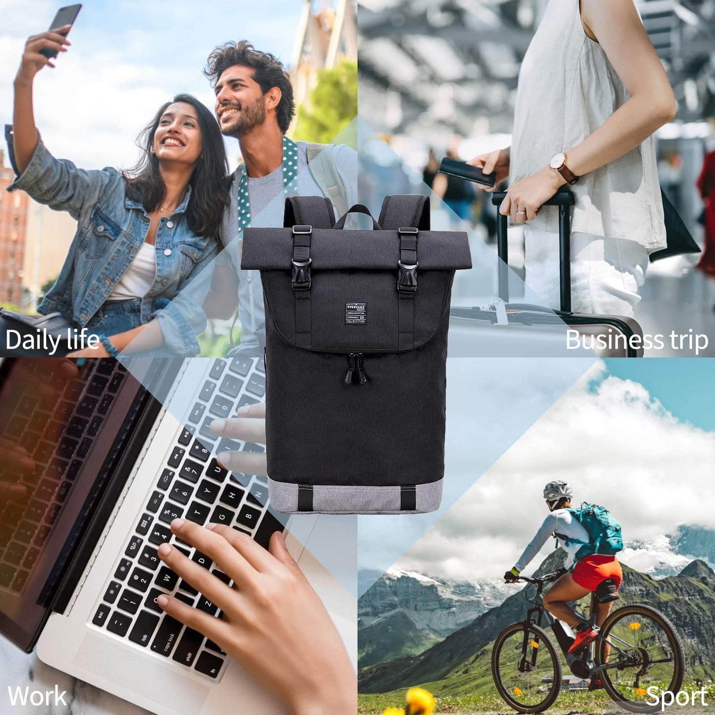 EverVanz Laptop Backpack, waterproof travel backpack, backpack for women and men, lightweight, casual, stylish schoolbag, 1. Black, L, Compact, elegant