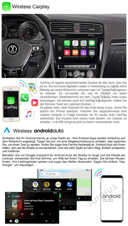 JUNHUA Android 12 car stereo GPS navigation for VW Golf 7 MK7, with 2GB RAM+32GB ROM, 10.1" display, 1280x800 resolution. Supports Wireless Carplay, Android Auto, WiFi, Bluetooth 5.1.