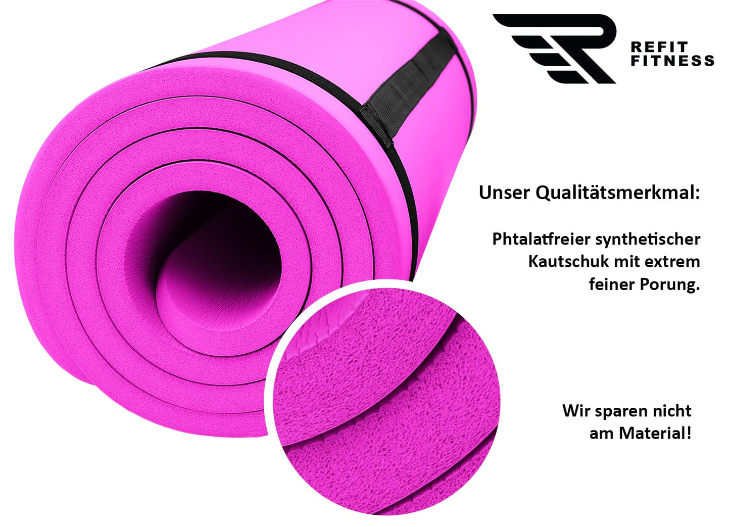 REFIT FITNESS Sport Mat Comfort-Max 190 x 60 x 1.5 cm Hot Pink Rose PainProtect SmartCell NBR Yoga Mat Non-Slip Carry Strap Exercise Mat for Sport Yoga Pilates Gymnastics
