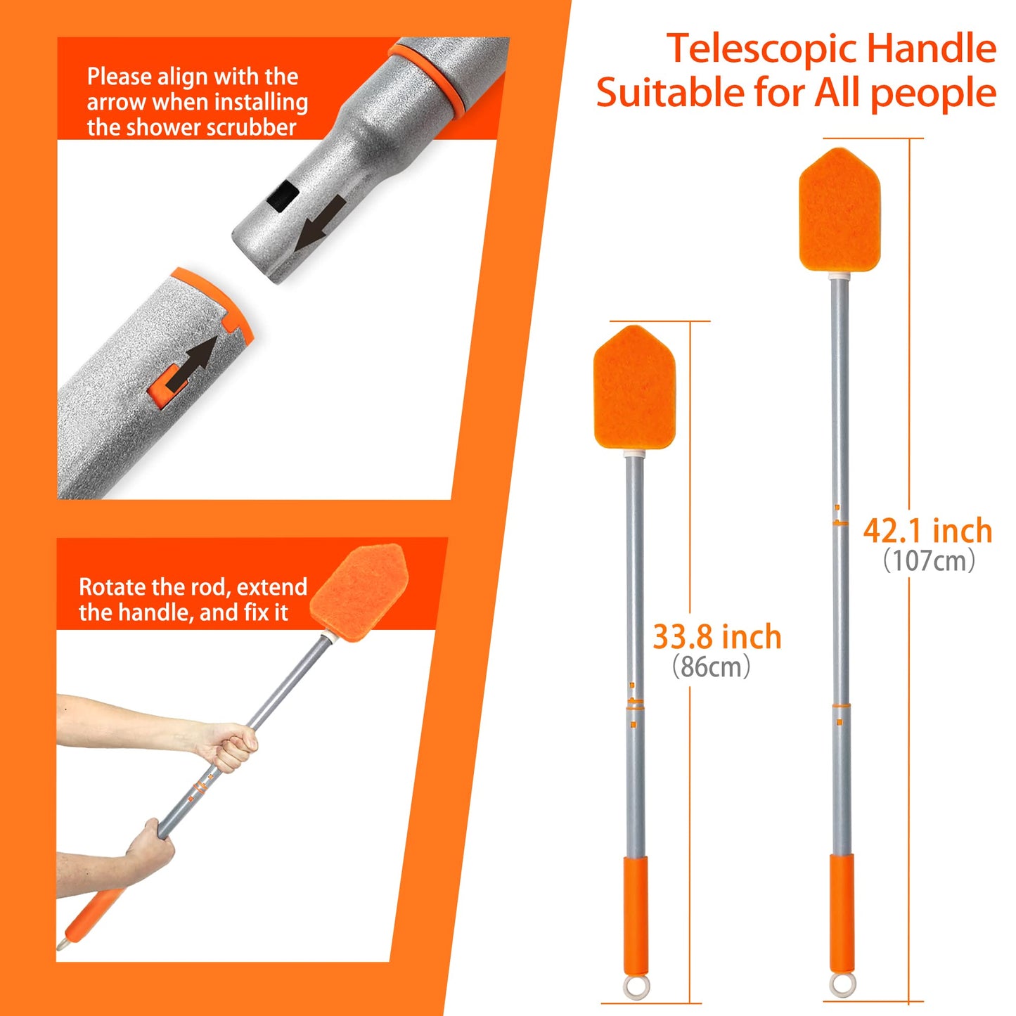 JEHONN 4-in-1 Shower Scrubber, Scrubber with Long Handle Cleaning Brush, 4 Different Functions Scrub Brush Attachments for Bathroom, Tub, Floor, Wall, Baseboard