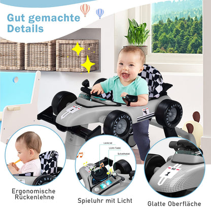COSTWAY 4 in 1 baby walker, foldable with adjustable height & speed, car-shaped with music box, lights & wheels, suitable for babies from 6 months, up to 12kg load capacity (Grey)