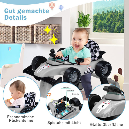 COSTWAY 4 in 1 baby walker, foldable with adjustable height & speed, car-shaped with music box, lights & wheels, suitable for babies from 6 months, up to 12kg load capacity (Grey)