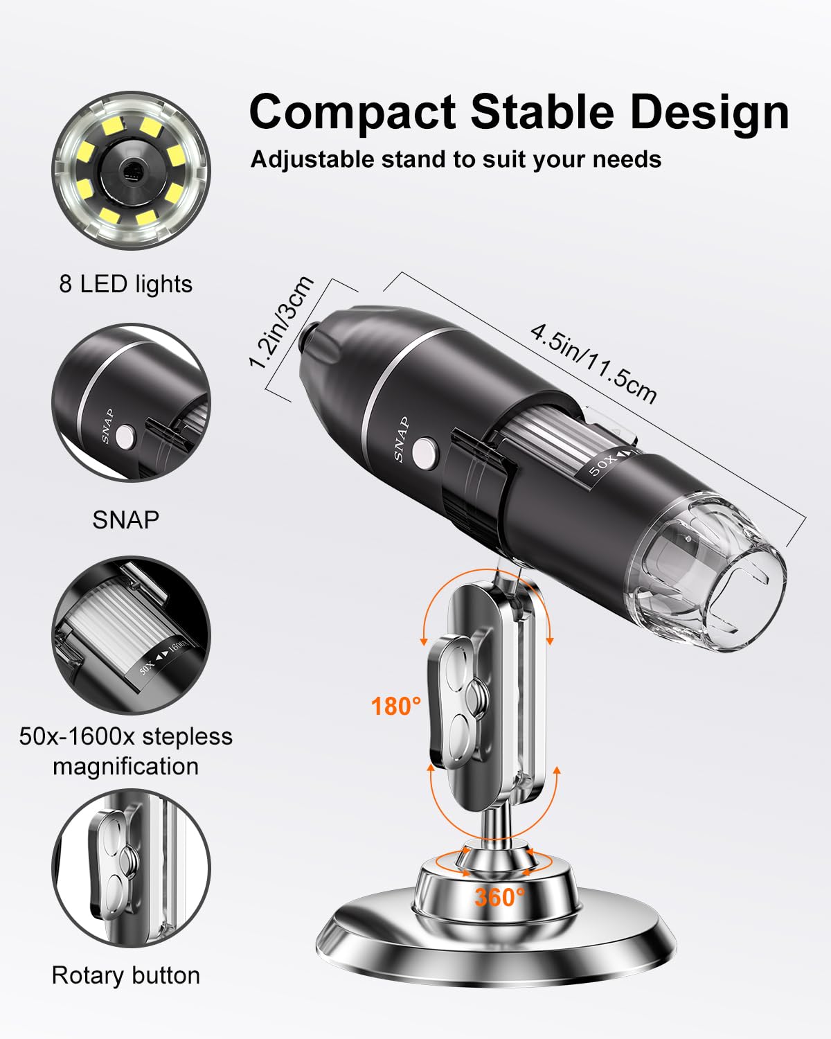 USB Microscope Digital, AOPICK 1440P microscope for iPhone Android, 10 to 200X digital microscope with 8 LED & stand HD Mobile Microscope Compatible with iOS, Android, Tablet