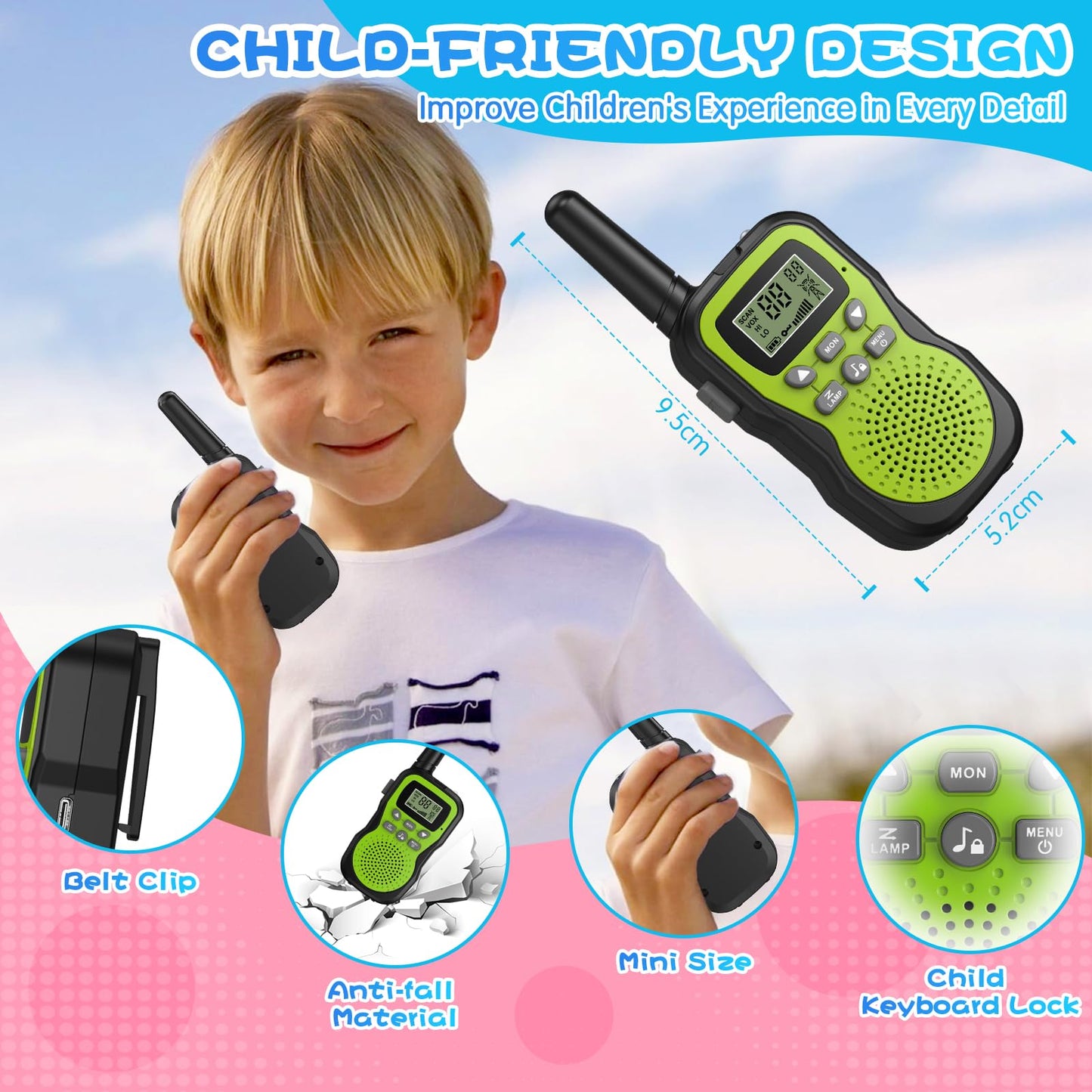 Walkie Talkie Kids 3-pack, Apkezel Walky Talky with 1000mAh rechargeable battery, long range 3km walkie talkie radios with VOX flashlight for outdoor, camping, hiking.