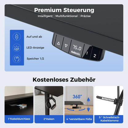 Agilestic height-adjustable desk with 2 drawers, 120 x 60 cm. Stable electrically adjustable desk, ergonomic standing-sitting computer desk, black.