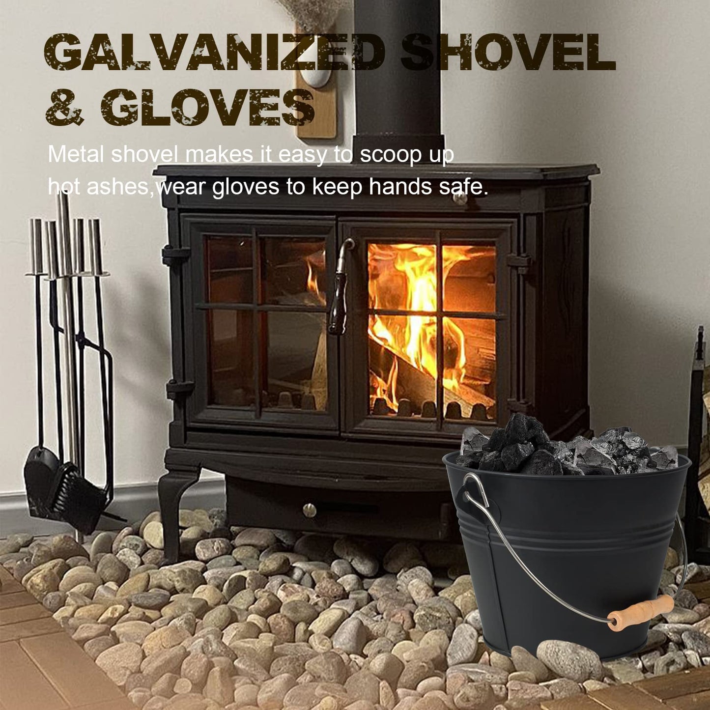 BRIAN & DANY ash bucket with lid, Round coal bucket for fireplaces, 5L bucket with shovel and hand broom, Tool set accessories for fireplace, fire pit, wood stove.