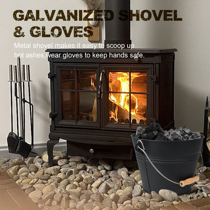 BRIAN & DANY ash bucket with lid, Round coal bucket for fireplaces, 5L bucket with shovel and hand broom, Tool set accessories for fireplace, fire pit, wood stove.