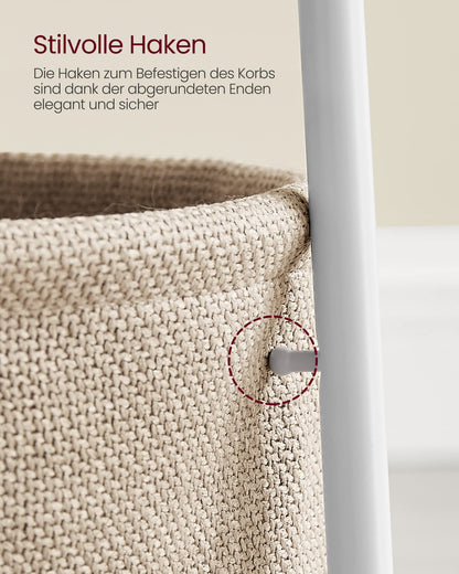 VASAGLE Round Side Table, Small Table, Small Coffee Table, Living Room Table, Fabric Basket, Storage for Living Room Bedroom, Modern Nightstand, Matt White-Camel Brown LET223W10