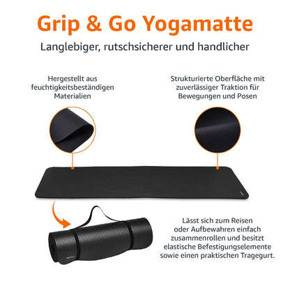 Amazon Basics Yoga Mat, non-slip, extra thick, Pilates-Gymnastics mat, 183 x 61 x 1 cm, Black.