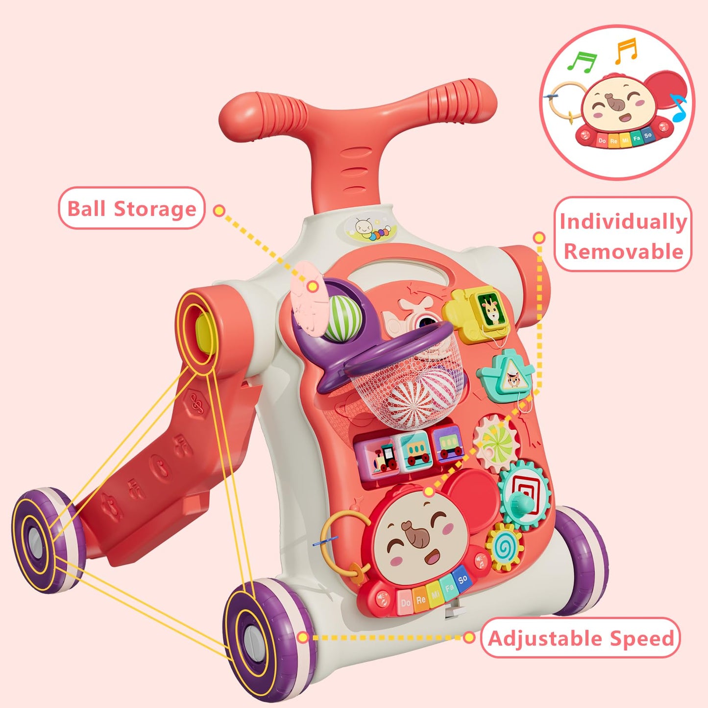 HYES 5 in 1 baby walker, baby play and walking aid with music and detachable play board, walking baby walker toy, for children aged 3-30+ months, red