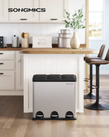 SONGMICS Kitchen Trash Can, Garbage Bin, Step Can with 3 compartments, inner bins and 6 stickers for waste separation, waste separation system, Silver-Black, 60.4 x 30 x 56.3 cm (L x W x H)