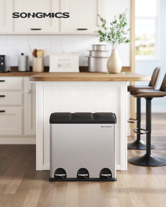 SONGMICS Kitchen Trash Can, Garbage Bin, Step Can with 3 compartments, inner bins and 6 stickers for waste separation, waste separation system, Silver-Black, 60.4 x 30 x 56.3 cm (L x W x H)