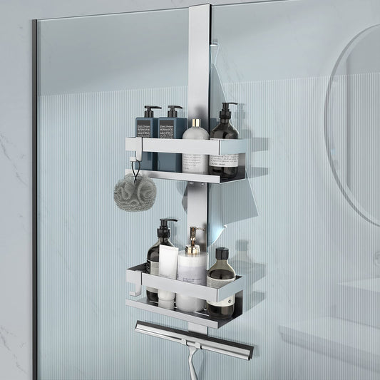 Uuleever hanging shower caddy, stainless steel SUS304, no drilling for frameless glass door, shampoo holder for shower (Style A - Silver).