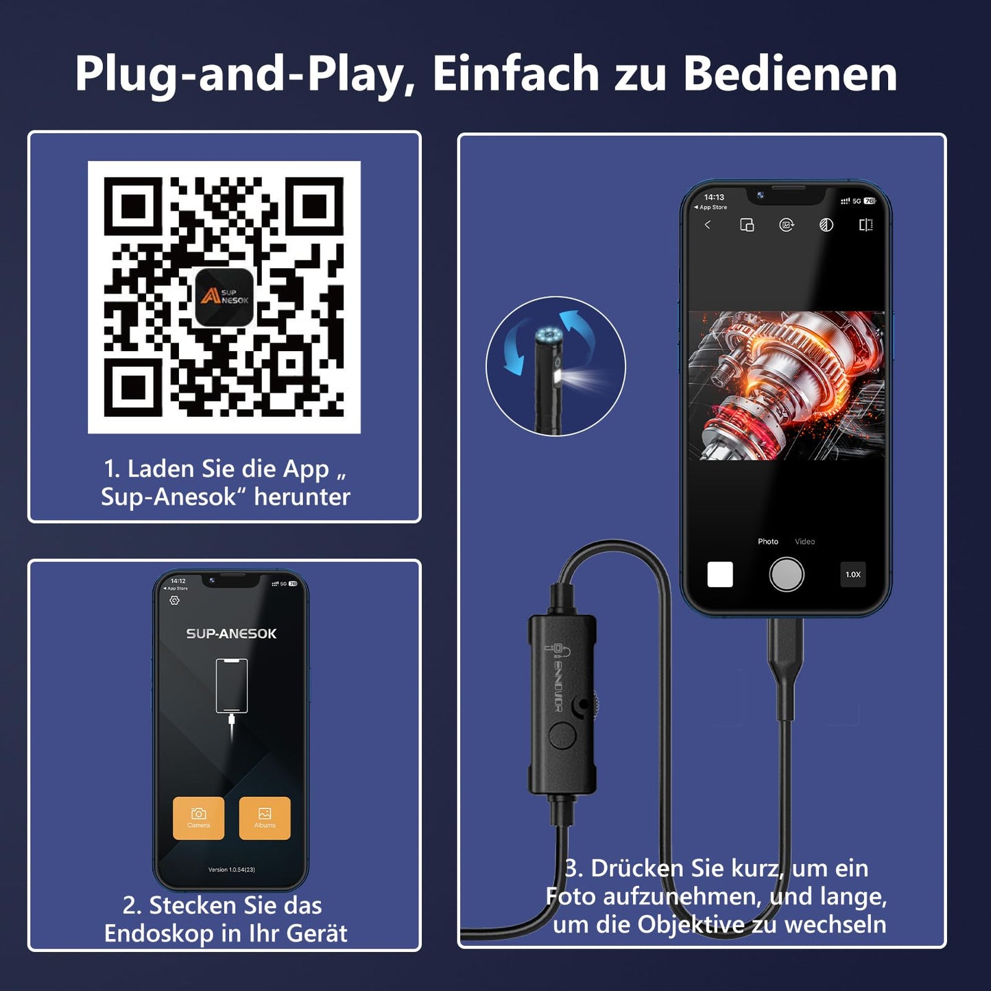 Endoscope camera with light, 1920P HD tube camera with dual lens, IP67 waterproof endoscope with 8+1 LEDs, 5M semi-rigid cable, inspection camera for Android iOS mobile phones, sewer pipe camera.