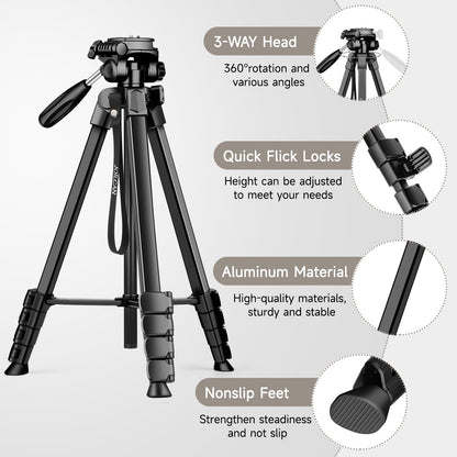 JOILCAN Camera Tripod, 173cm lightweight phone tripod for Smartphone/iPhone/iPad with detachable head, portable aluminum travel tripod with remote control and phone & tablet holder, load capacity 3.6KG