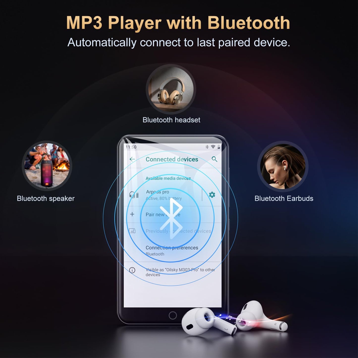 80GB MP3 player with Bluetooth and WLAN, MP3 & MP4 music player, Oilsky 4-inch 1080P touchscreen video player, portable Android Spotify player with Play Store app (Black)