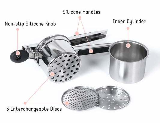 Rorence stainless steel potato masher with 3 interchangeable discs & inner cup & silicone grips (Black)