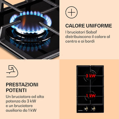 Clearstone Victoria - Gas hob, built-in, Sabaf burners, natural gas/propane, safety valves, automatic shutdown, cast iron pot supports, retro-style ceramic glass, 2 burners, black