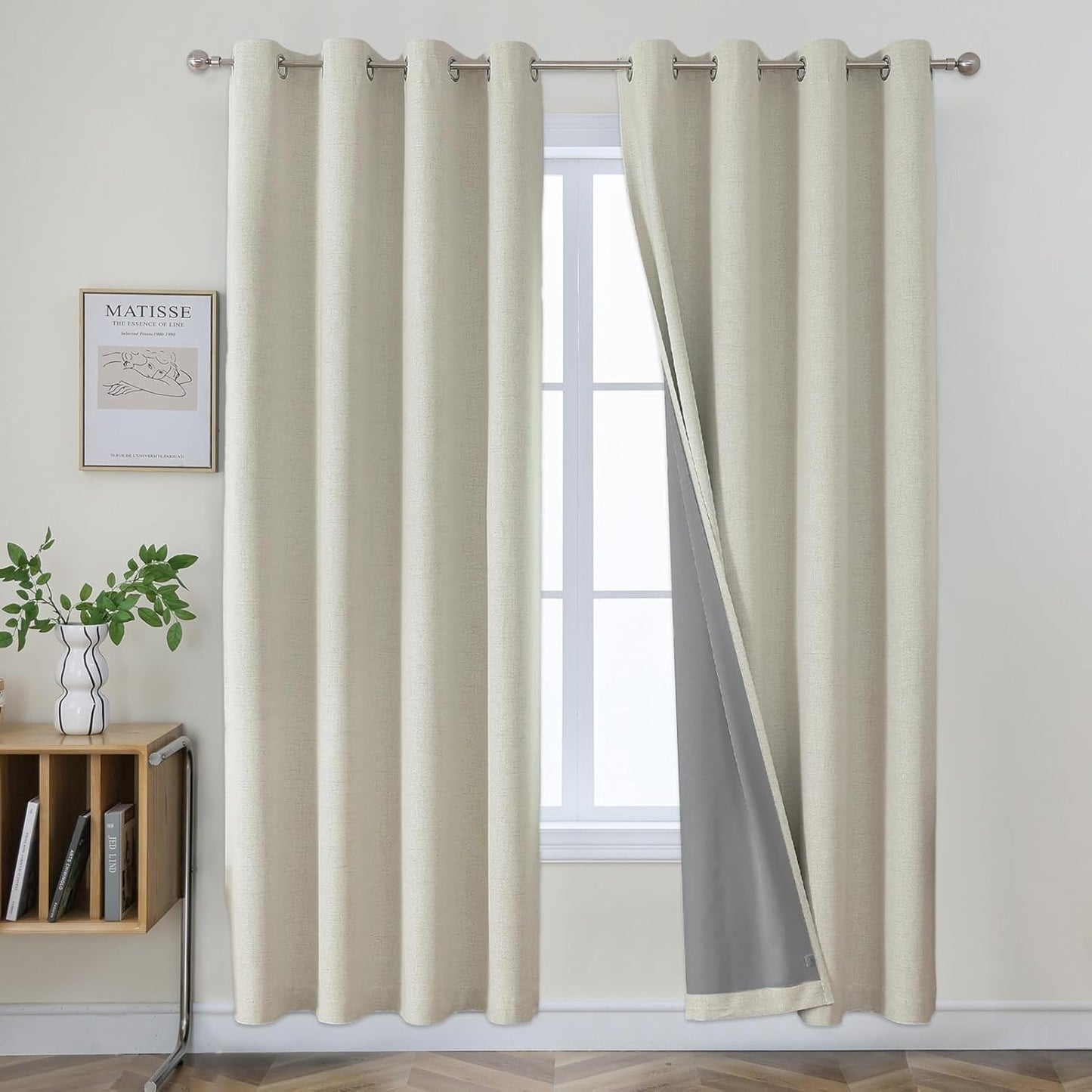 Joydeco 100% blackout curtains with grommets, linen look, 2 pieces. Blackout curtain linen thermal curtain heat protection, insulated coating backing layer for bedroom living room.