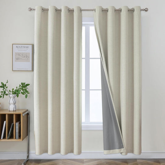 Joydeco 100% blackout curtains with grommets, linen look, 2 pieces. Blackout curtain linen thermal curtain heat protection, insulated coating backing layer for bedroom living room.