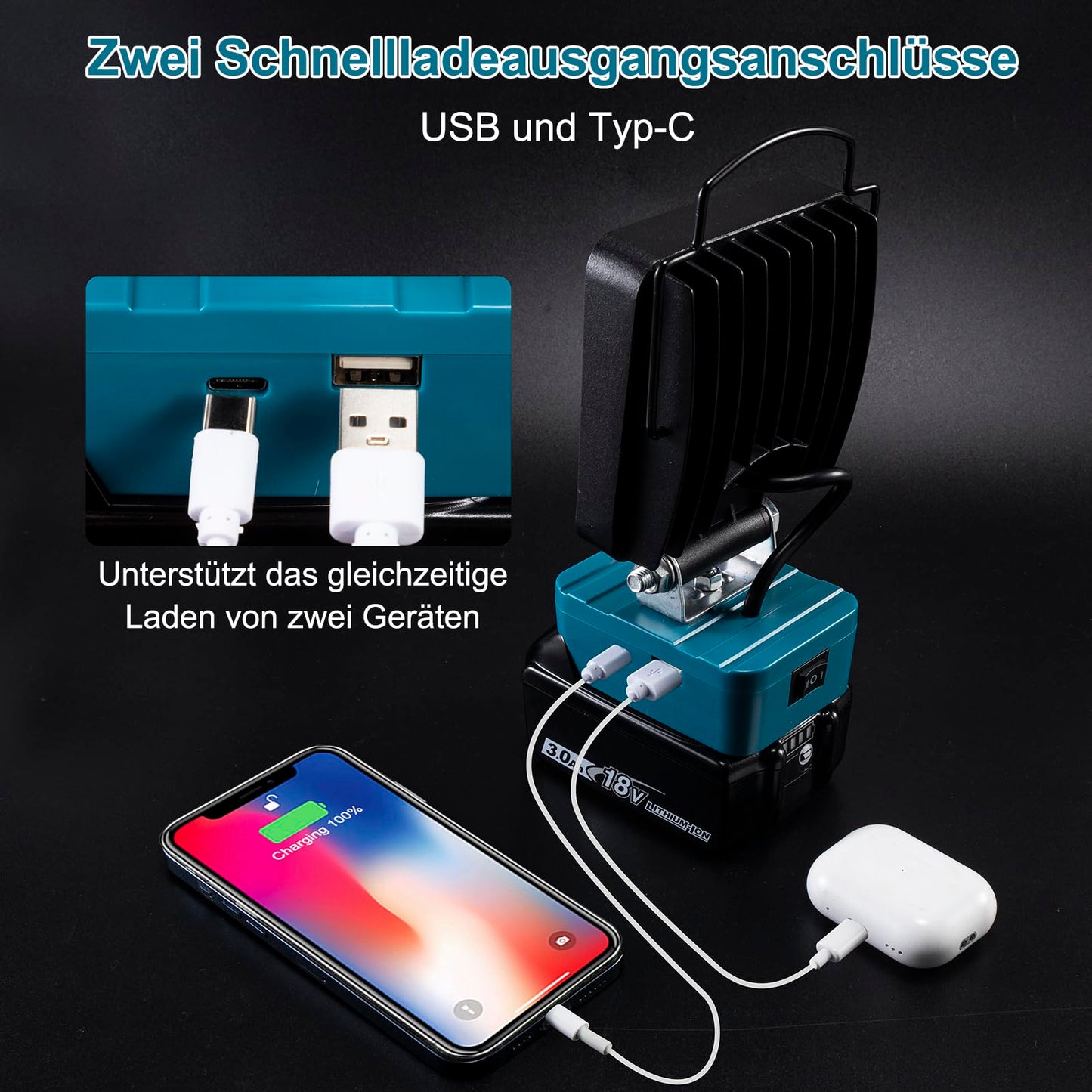 Sentoo battery lamp for Makita 18V, 48W 4800LM Cordless LED work light battery, Portable floodlights with 2 brightness modes Mini construction site lamp for maintenance work, camping