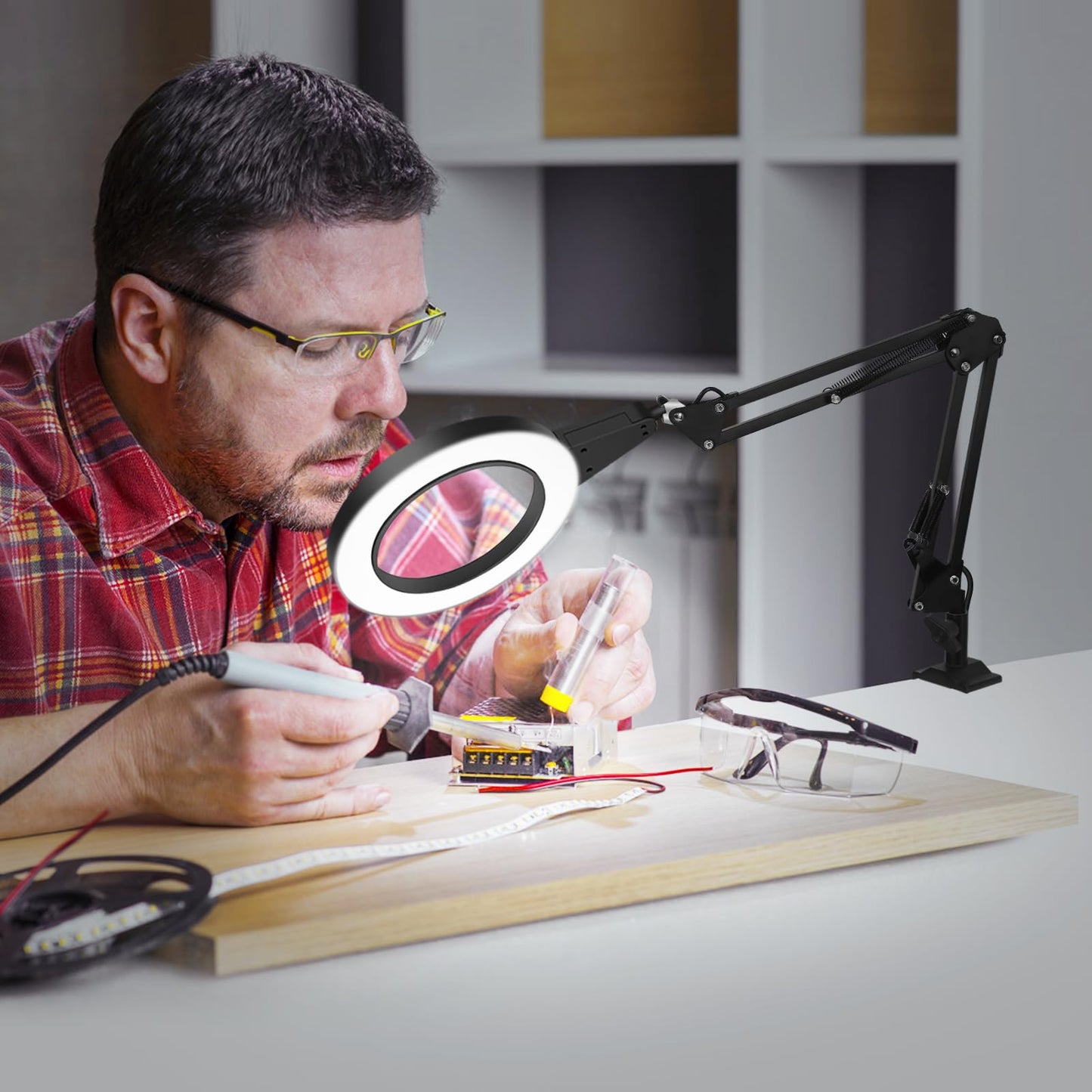 NEWACALOX magnifying glass with light and stand, touch control 2-in-1 magnifier, 8x magnification magnifying lamp, 3 color modes dimmable desk magnifier with lighting, reading magnifier with light for elderly large.