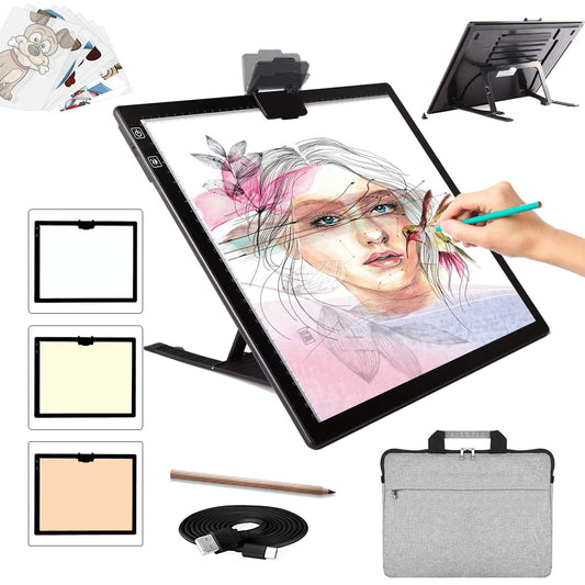 A3 light table with bag, wirelessly battery-operated light box. 3 colors dimmable and 6 brightness levels light board for tracing, rechargeable light pad for diamond painting, sketching.